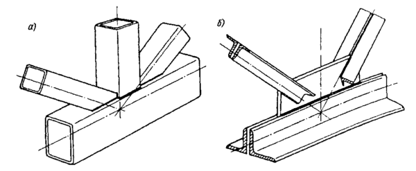 Непосредственное сварное соединение (а) и соединение через фасонку (б) в узлах фермы.